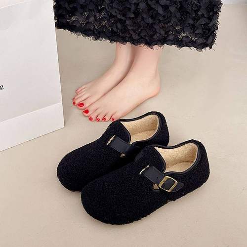 羊羔毛毛鞋女士韩版勃肯鞋2025新款冬季一脚蹬平底豆豆鞋加绒棉鞋