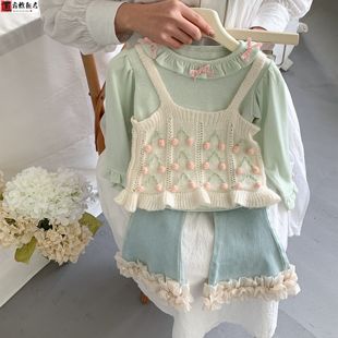 套装 女宝宝2025春装 蝴蝶结花边打底衫 款 潮 甜美吊带针织马甲春秋季