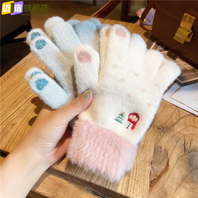 ins圣诞雪人手套女冬天可爱韩版学生毛茸茸加绒全指保暖护腕礼物