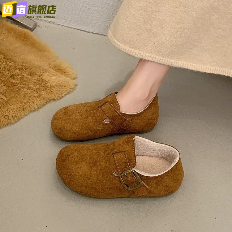 时尚复古勃肯鞋冬季新款加绒保暖棉鞋百搭一脚蹬懒人鞋厚底毛毛鞋