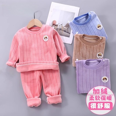 新款女童双面绒睡衣童装洋气儿童保暖内衣套装男童加绒加厚家居服