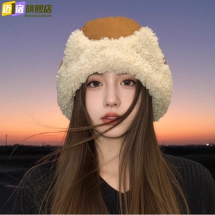 可爱猫耳羊羔毛渔夫帽子女款2025新款韩系冬季加厚保暖护耳毛绒帽