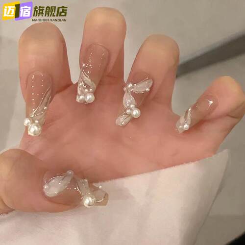 穿戴甲片珍珠爆闪蝴蝶穿戴甲手工穿戴假指甲美甲成品源头工厂