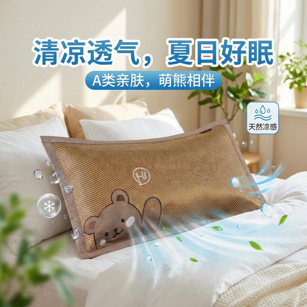 夏天用的凉枕套单人学生幼儿园儿童冰丝凉席枕头套单个藤席枕芯套