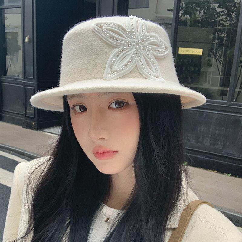 秋冬季百搭花朵礼帽大头围显脸小帽子女款纯色优雅品质毛呢礼帽