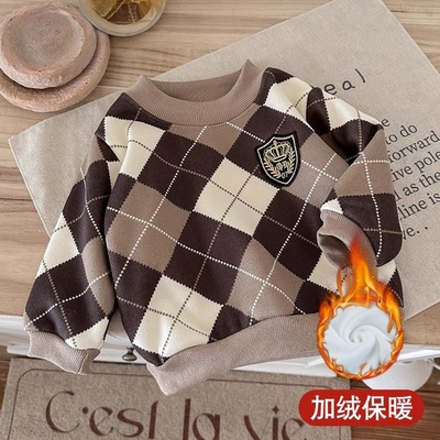 儿童卫衣加绒男童女童保暖针织毛衣圆领套头打底中小童加厚秋冬季