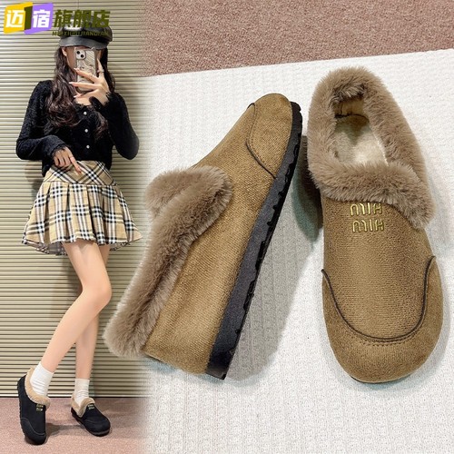 豆豆棉鞋女秋冬季外穿2025新款加绒保暖一脚蹬毛毛鞋软底雪地靴子