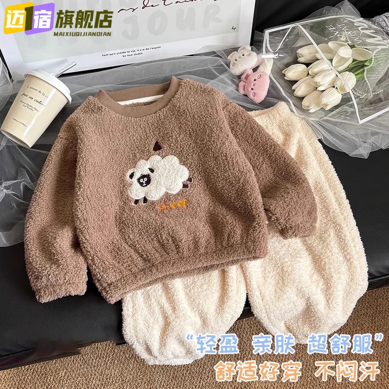 宝宝卡通儿童冬季保暖套装家居服女童秋冬季毛绒睡衣套装新款加厚