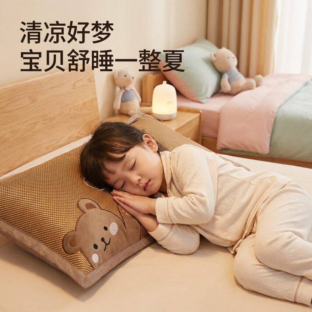 夏天用的凉枕套单人学生幼儿园儿童冰丝凉席枕头套单个藤席枕芯套