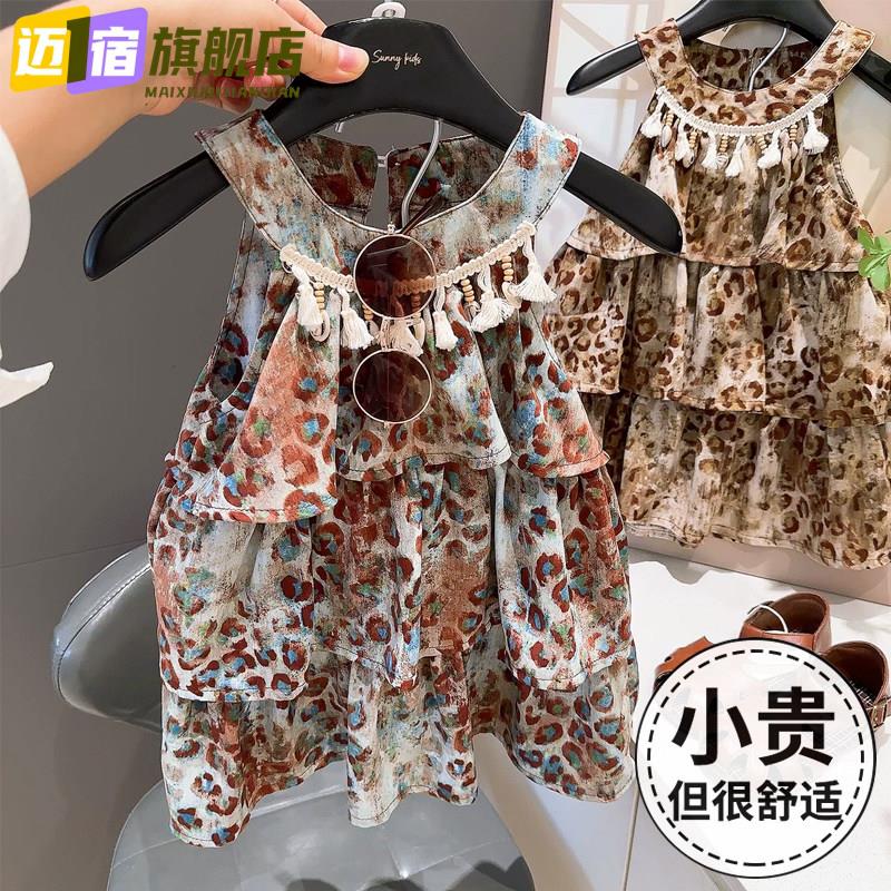 女童连衣裙夏豹纹挂脖碎花蛋糕裙流苏度假裙公主裙女童裙子童装潮