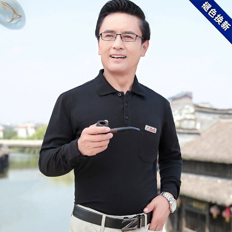长袖男士2026新款翻领POLO衫中年爸爸装宽松休闲真口袋排扣上衣