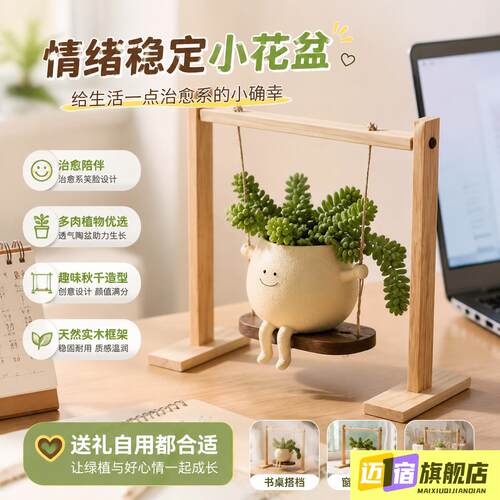 情绪稳定小花盆阳台家用桌面摆件办公室盆栽多肉秋千装饰工艺品