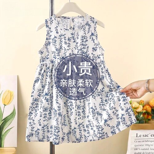 夏季新款女童碎花棉绸连衣裙女童公主裙中大童女宝宝无袖睡裙裙子