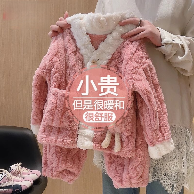 儿童加厚法兰绒睡衣男女童冬款外穿爆款ins珊瑚绒保暖家居服套装