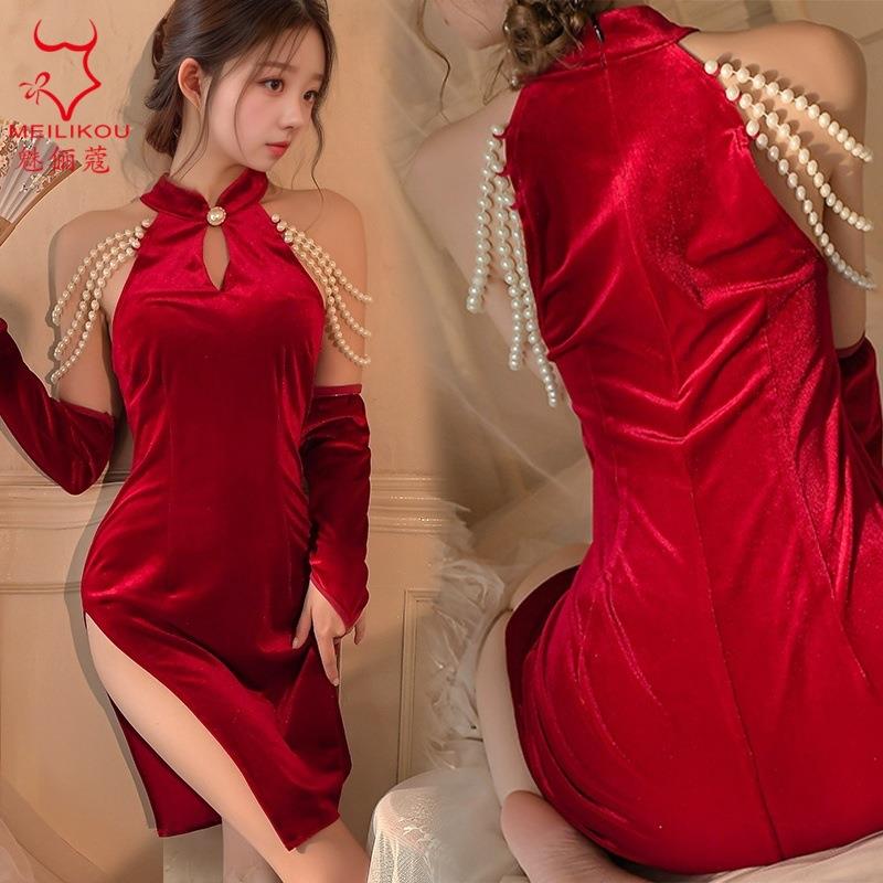 Sexy lingerie slim fit pearl cheongsam off-shoulder side