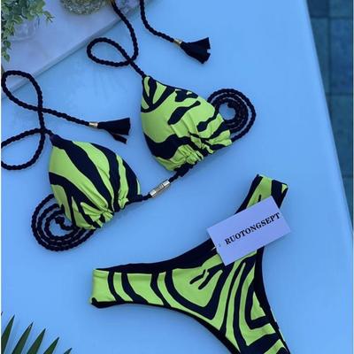 Womens Strap-On Sexy Two-Piece Neck Print Backless Bikini