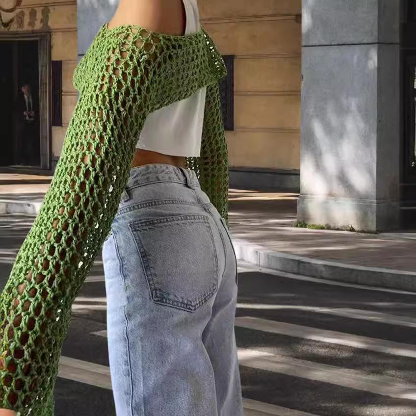 sleeve mesh ultra-short hand-hooked sweater casual sexy