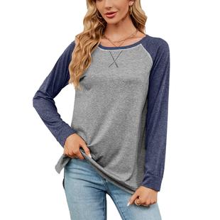 neck contrast Round sleeve top long shirt loose for color