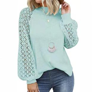 top lace round neck Women patchwork sleeve long loose