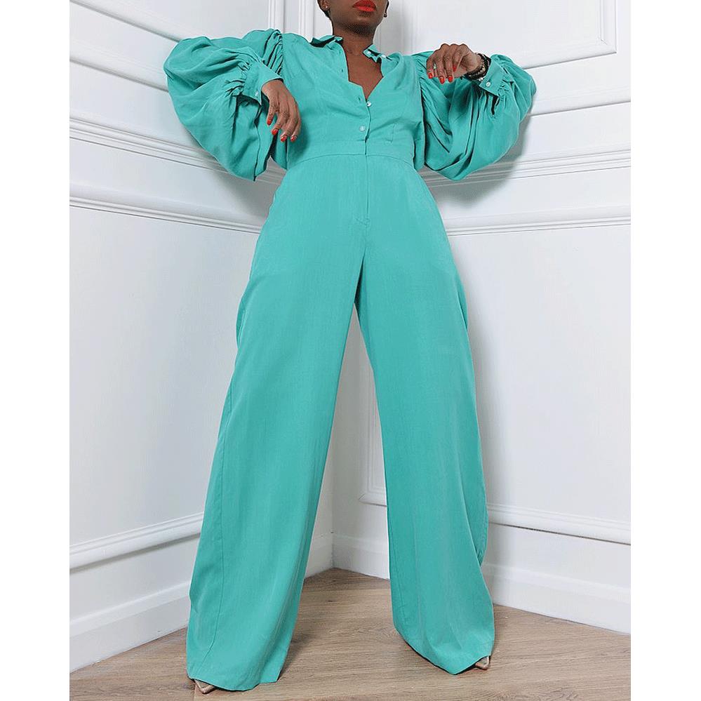 jumpsuit loose sleeve lantern patchwork color solid size