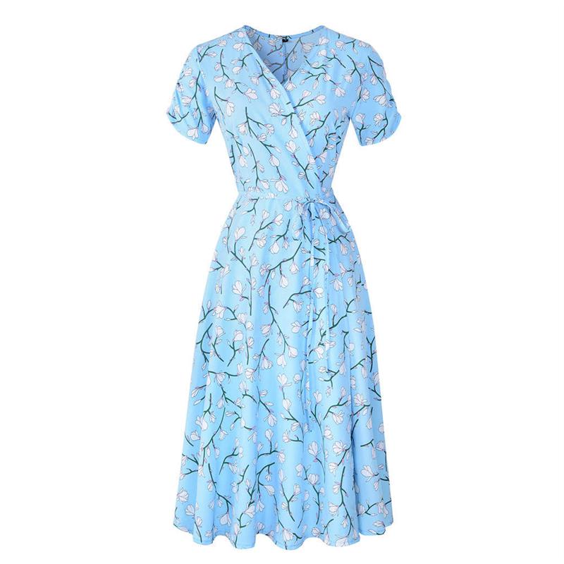 Womens Bohemian Beach Dress Chiffon Print Swing Dress for