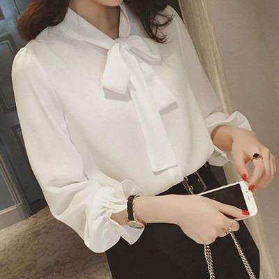 White shirt versatile loose bow top lace up chiffon shirt