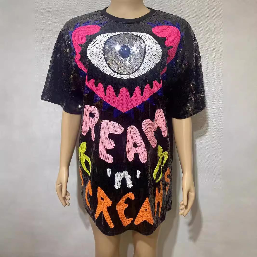 Top Sleeve Half Neck Round T-shirt Loose Sequin Womens