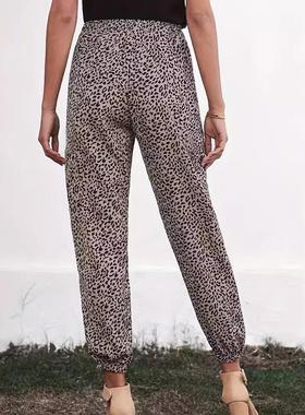 Leopard print casual pants for women high waist slim fit
