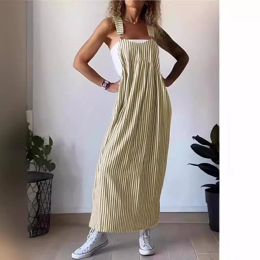 women summer vintage striped sling dress loose spaghetti