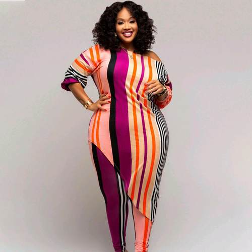Plus size women's casual fashion striped suit two piece set