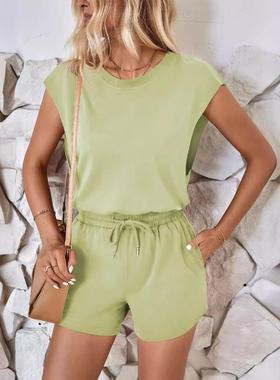 Womens Sleeveless Halter Tops Elastic Waist Pocket Shorts