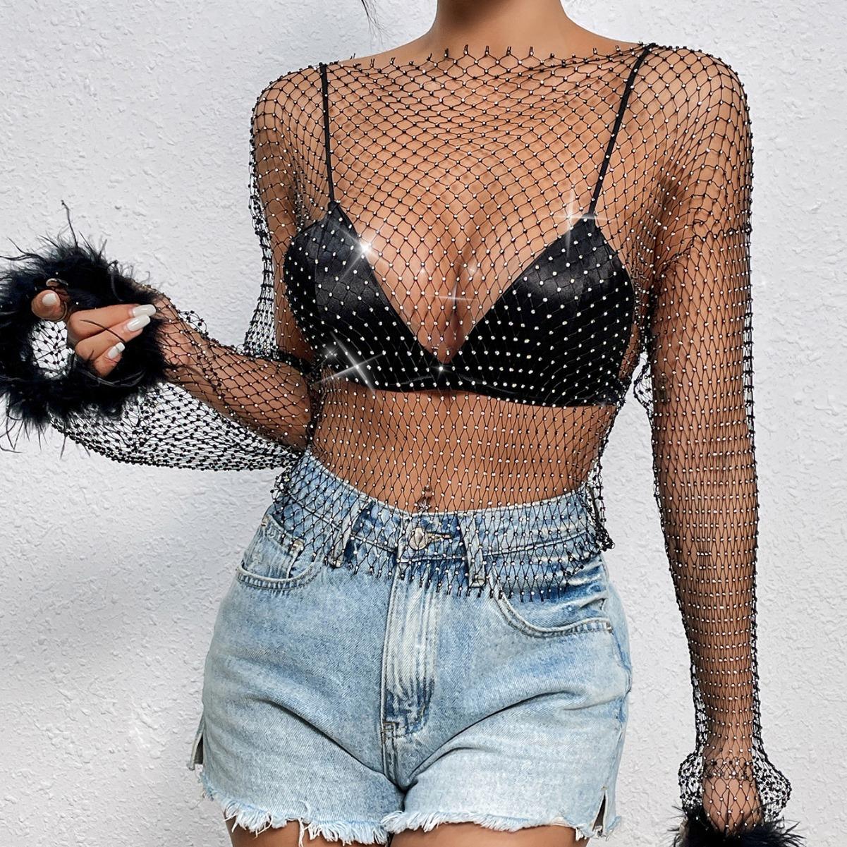 Tops T-shirt Womens Fur Sleeve Long Hollow Grid Diamond