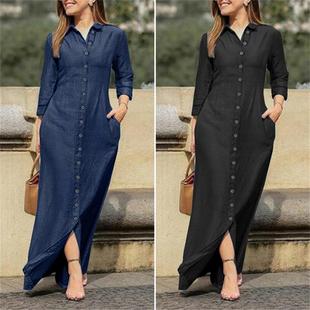 size skirt collar dress big plus shirt denim Long pocket