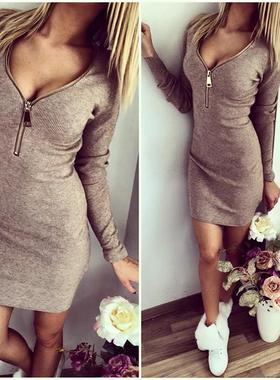 Dress Hip-hugging V-neck Open-chested Long-sleeved Threaded