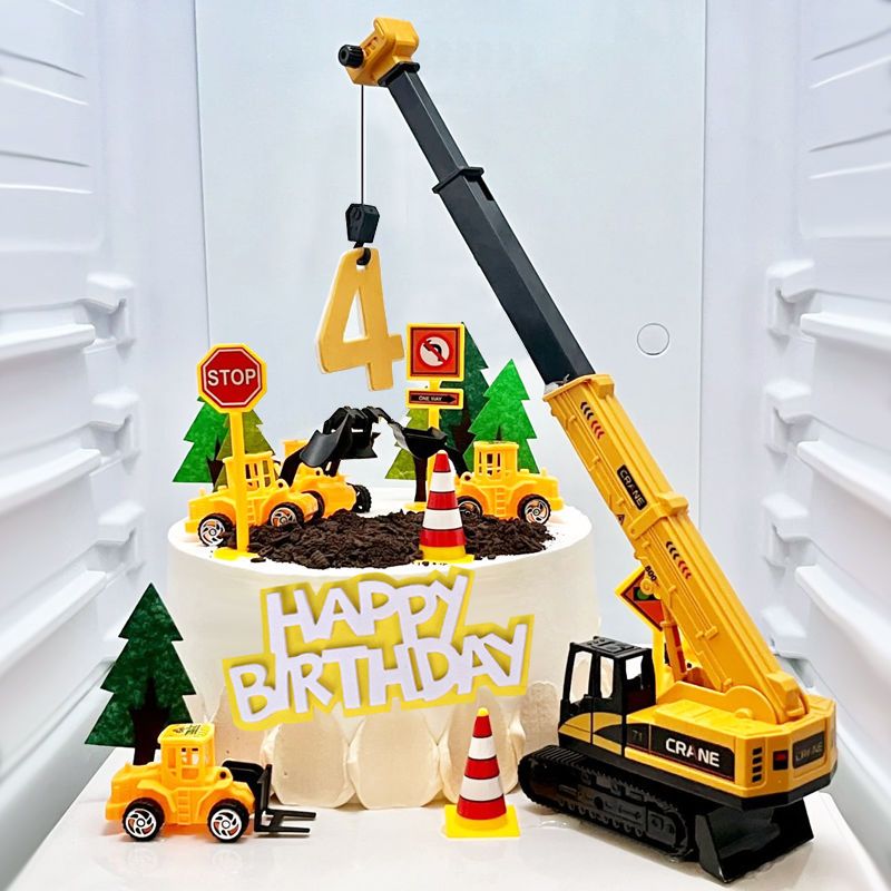 儿童工程车生日蛋糕装饰摆件推土机挖掘机男孩周岁甜品台烘焙配件