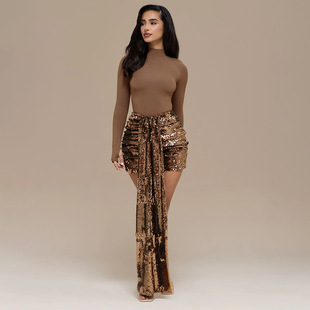 演出跳舞酒会生日2026新款修身高领拼接亮片迷你休闲套装节目短裙