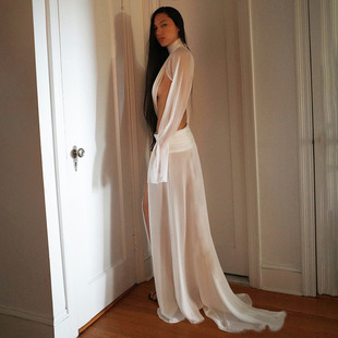 度假宴会霸气超美酒会舞蹈性感透视高领喇叭袖上衣开叉长裙套装女