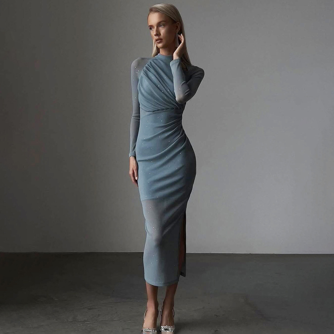 欧美宴会亮片高腰修身长连衣裙