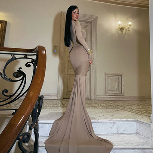 丹恋季节酒会名媛千金鱼尾裙礼服性感修身宴会长袖连衣裙长裙拖地