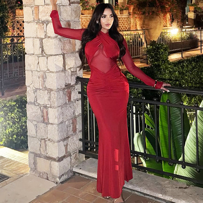 性感网纱镂空缩褶修身优美连衣裙