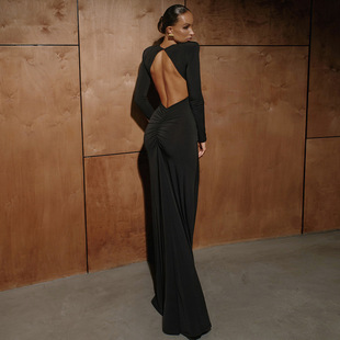 高级超模车展走秀红毯大气霸气性感露背气质修身 包臀连衣裙女 长袖