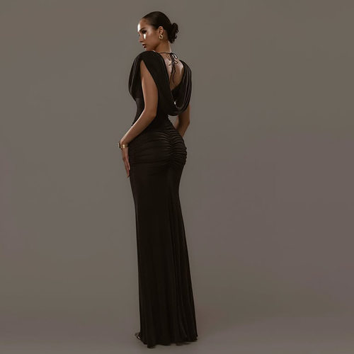 收腰褶皱生日聚会荡领长裙连衣裙