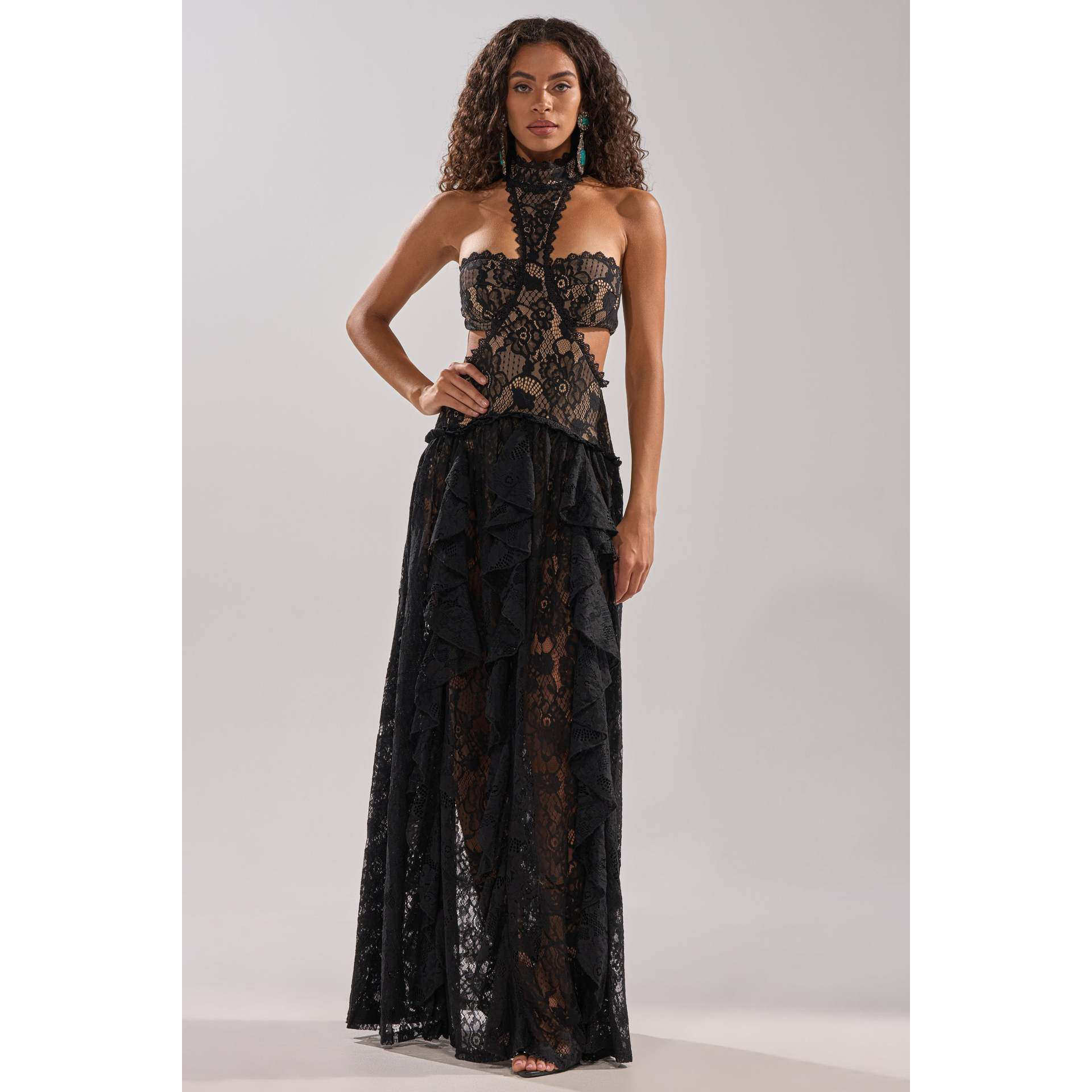 挂脖露背蕾丝长裙荷叶边礼服性感修身度假风连衣裙精致钩花女裙女