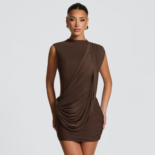 欧美夏霸气超模弹力秀场宴会休闲无袖不对称飘带露背修身连衣裙女