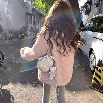 2026新款粉色羊羔毛外套女韩版中长款气质皮毛一体超好看毛绒大衣