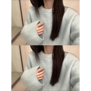韩系蓝色浣熊绒圆领套头毛衣女秋冬温柔风奶fufu宽松慵懒针织上衣
