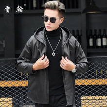 头层小牛皮海宁真皮皮衣男士 修身 连帽皮夹克青年潮短外套 春季 新款