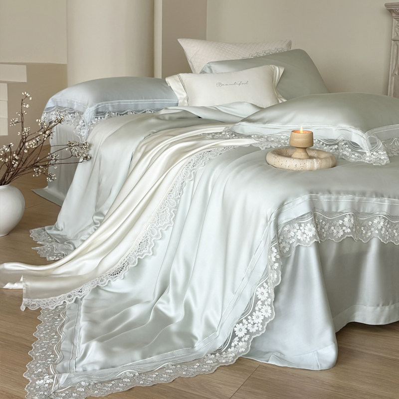 夏季少女心双面天丝四件套冰丝凉感镂空花边被套丝滑1.8床上用品