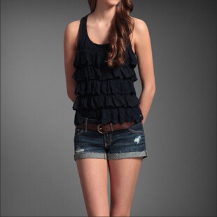 AF藏青色修身荷叶边吊带衫背心abercrombie现货S号