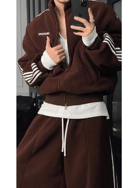 龙刀刀冬季新品美式复古运动条纹摇粒绒百搭立领外套宽松长裤套装